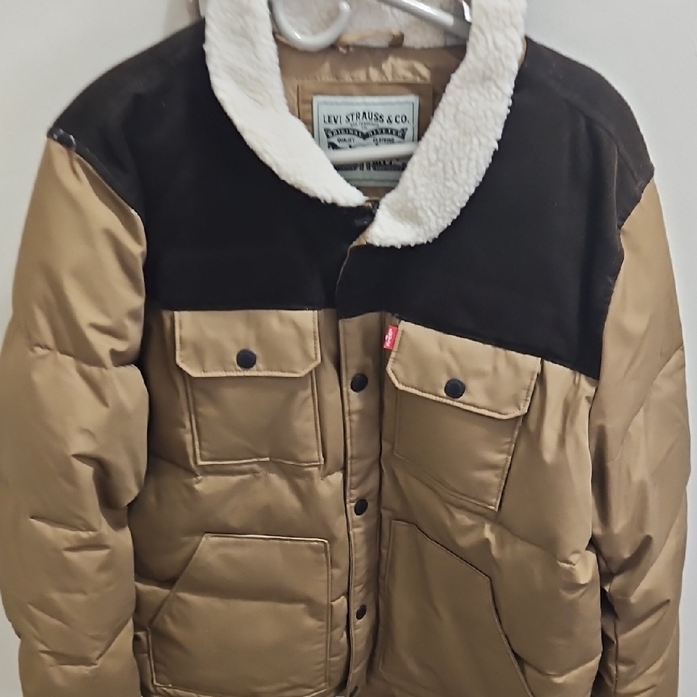 Levi's Tan and Black Puffer Jacket with Sherpa Collar